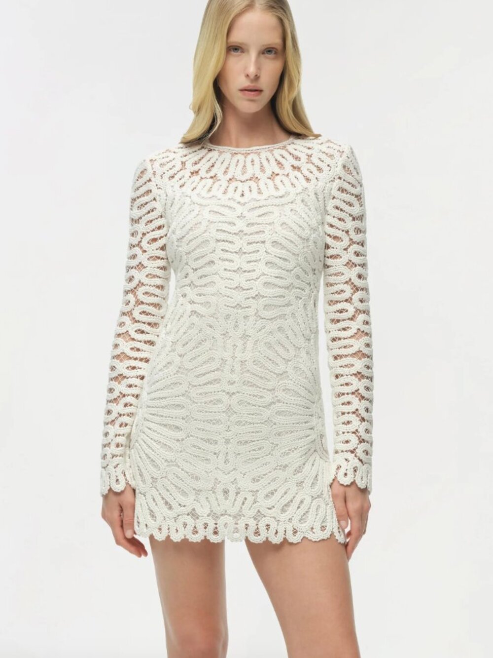 SIMKHAI White McCall Cage Crochet Embroidered Long Sleeve Mini Dress Size 0